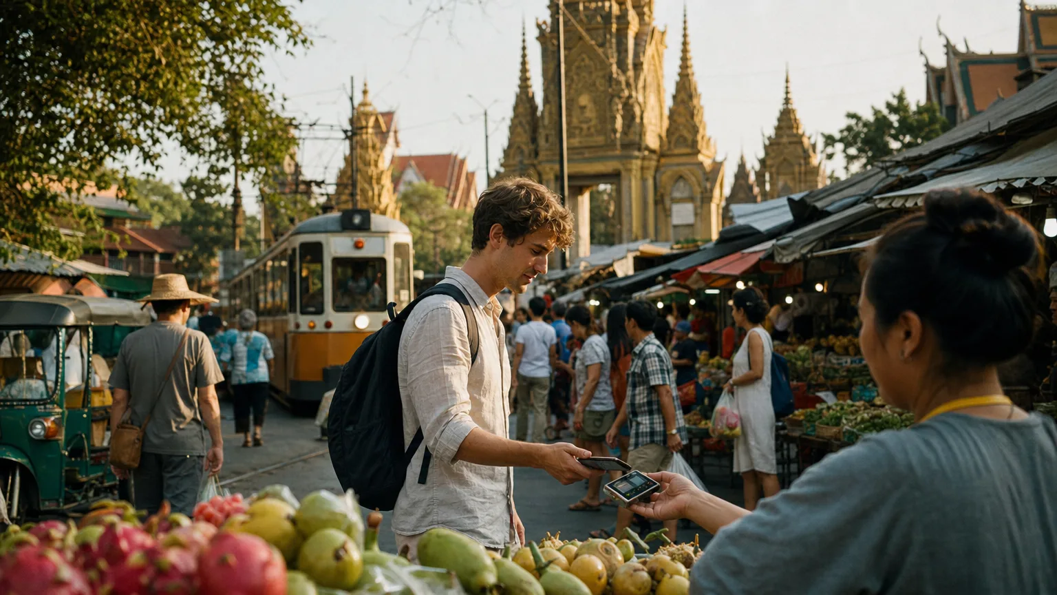 A UK student checking a bank card and phone at a street market abroad
